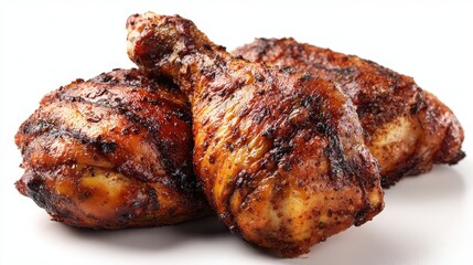 Three Grilled Chicken Drumsticks on White Background, Close-up