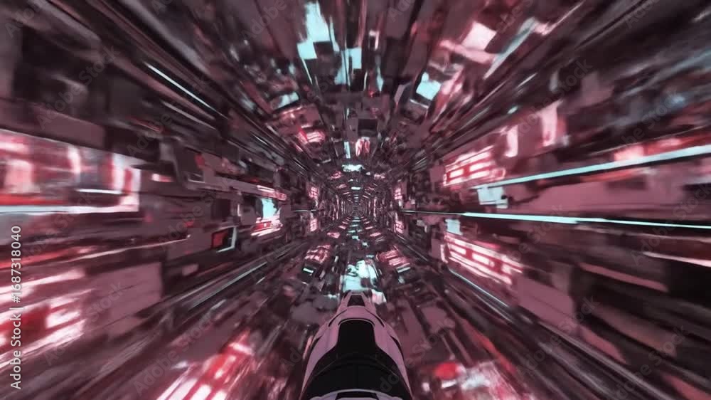 Aufkleber futuristic metallic tunnel with geometric structures and dynamic perspective glowing light showing a
