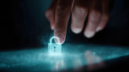 Finger touching a glowing digital padlock icon on a futuristic interface representing online security and data protection