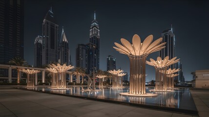 Naklejka premium Dubai at Night: Illuminated Palm Structures Reflecting in Water, Urban Skyline, Luxury Travel, Modern Architecture, Tranquil Mood, Cityscape Beauty