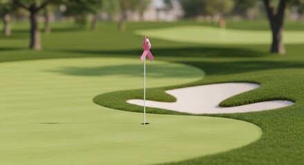 Obraz premium Golf Course Green with Pink Ribbon Flag Symbolizing Breast Cancer Awareness