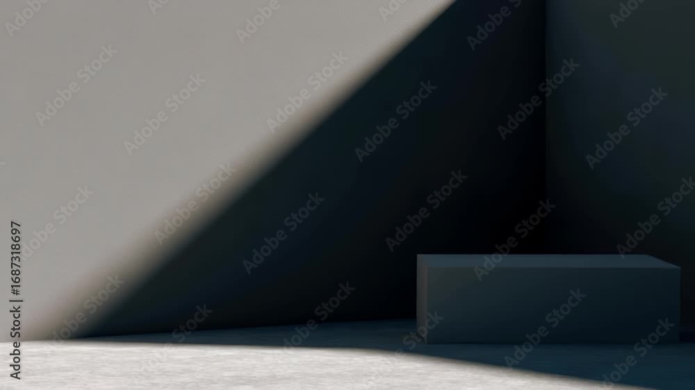Poster minimalist scene with floating rectangular block in dimly lit corner, casting sharp shadows and crea