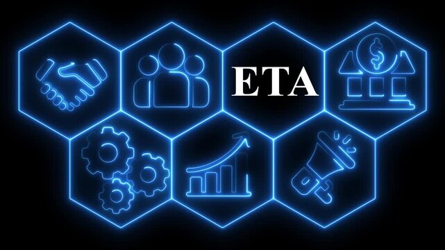 Illuminated eta text surrounded by business and financial concept icons in neon blue