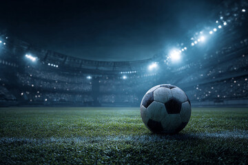 Fototapeta premium Soccer ball on a field at night stadium lights shine brightly