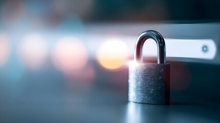 A metallic padlock signifies online security and digital protection in a blurred background with glowing lights