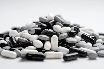 A close up shot of a pile of black white and gray pills on white surface