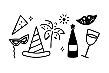 Party celebration with hat, mask, and champagne