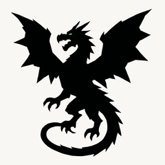 A striking black silhouette of a fierce mythical dragon with large spread wings, standing on its hind legs with a curled tail.