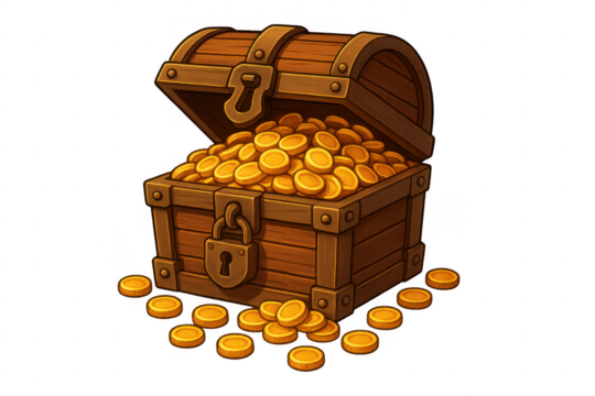 Wooden treasure chest overflowing with gold coins on transparent background - Powered by Adobe