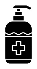 Black and white icon of a hand sanitizer bottle with a medical cross symbol