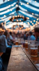 A lively beer hall scene with wooden tables, blurred festive lights, and beer mugs, capturing an energetic social atmosphere.
