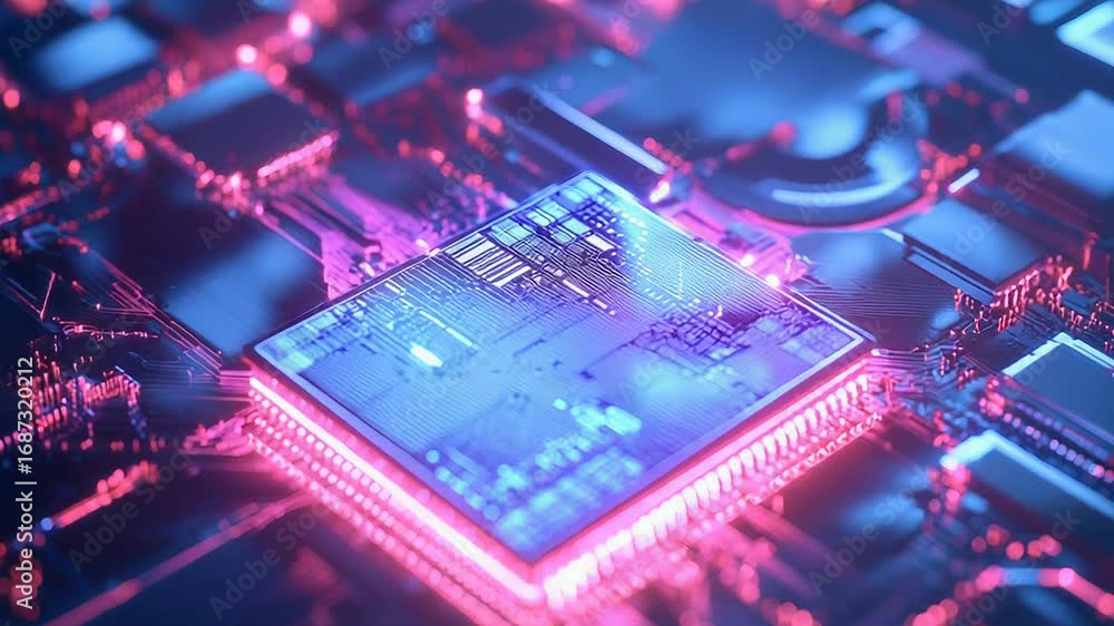 Poster cpu processing data on motherboard with neon lights, futuristic technology