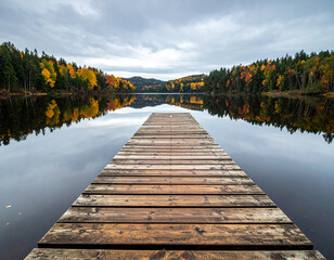 Obraz premium Wooden Dock Autumn Lake Wilderness Calm Water Reflections Photography