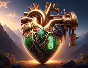 Steampunk Heart with Green Gem and Glowing Battery in Mountain Landscape.