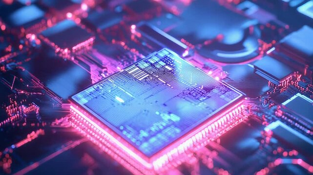 Cpu processing data on motherboard with neon lights, futuristic technology - Powered by Adobe