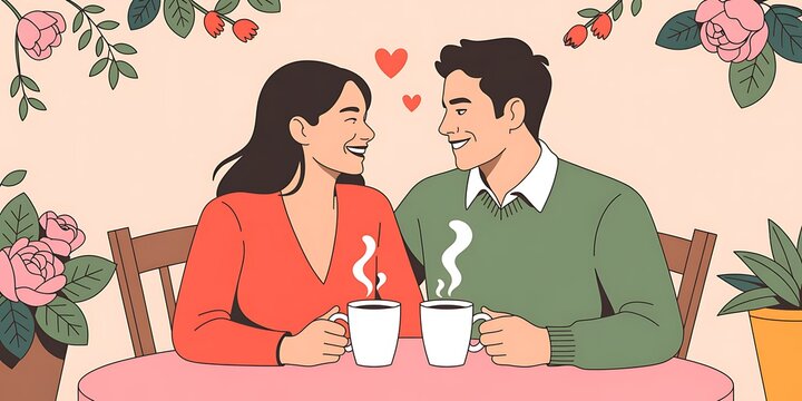 Happy couple sharing coffee and smiles during a romantic date in a charming cafe setting - Powered by Adobe
