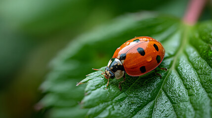 Fototapeta premium Close up of a ladybug with water droplets on its shell sitting on a green leaf