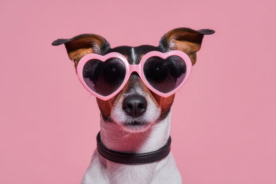 Cute dog Jack Russell Terrier wear heart shaped sunglasses on pink background. Happy puppy with blond mane. Pet party. Valentines Day. Love animal wearing heart shape glasses isolated. Poster, card - Powered by Adobe