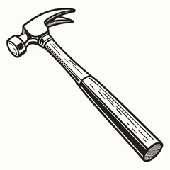 Classic claw hammer with a wooden handle depicted in a bold black and white line drawing illustration