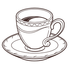 Elegant line art illustration of a classic teacup and saucer filled with dark liquid on a white background