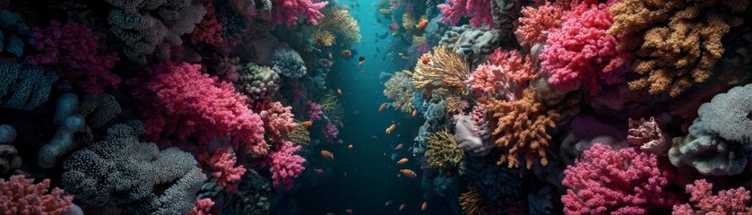 Vibrant underwater coral reef scene viewed from above with colorful marine life swimming around in a clear and serene ocean environment