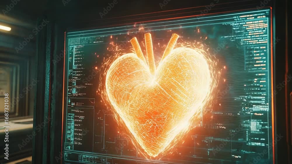 Aufkleber glowing heart symbol displaying on futuristic computer screen