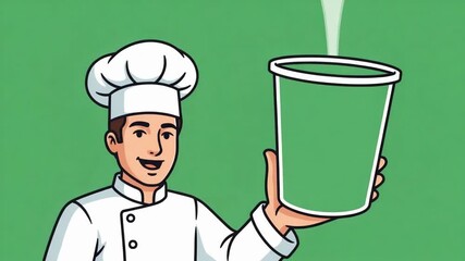 Cartoon chef presents a steaming cup against a green background, perfect for food and beverage promotions or culinary education videos, engaging and informative.