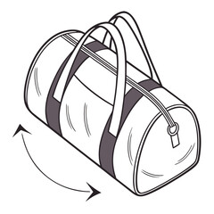 Stylized illustration of a duffel bag with handles and a zipper indicating a circular motion or rotation