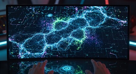 Conceptual Computer Screen Displaying Glowing Intricate Silken Web of Code and Data Representing Complex Game Release