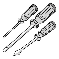 Three different types of screwdrivers with gray handles and metal shafts shown from an isometric perspective