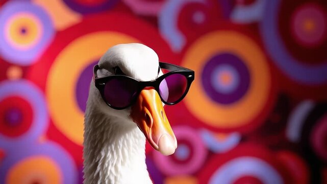 A white goose wearing dark sunglasses poses in front of a vibrant, retro circular-pattern backdrop.