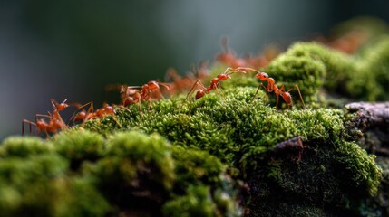 red ants on mossy surface nature