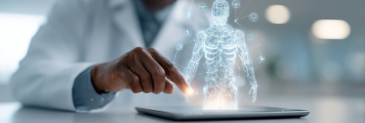 Medical professional analyzing human body hologram, accessing digital medical data through ai powered tablet in high tech healthcare environment, displaying anatomical details and vital signs