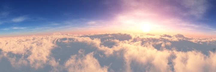 Beautiful landscape of clouds at sunrise top view, clouds under the setting sun, clouds panorama, 3d rendering