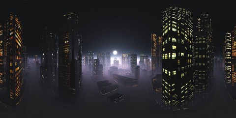 Night city, Cityscape, HDRI, environment map , Round panorama, spherical panorama, equidistant projection, panorama 360, 3D rendering