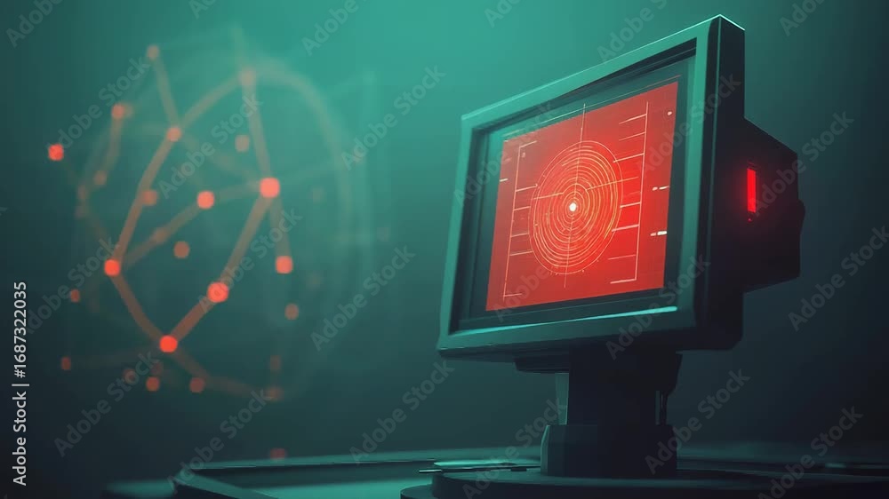 Poster vintage monitor displaying futuristic radar interface with 3d model in background