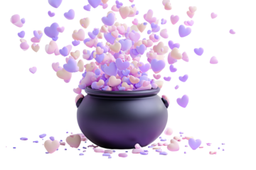 A black cauldron erupting with pastel hearts