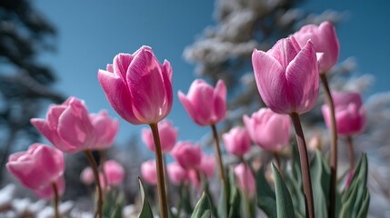 Vibrant pink tulips blooming under a clear blue sky in a serene garden setting.