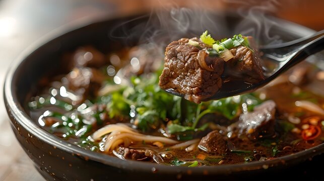 Comforting Bowl of Thai Beef Noodle Soup with Rich Broth and Tender Meat