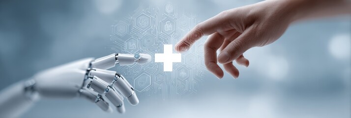 Robotic and human hands reaching toward each other near a plus symbol, representing collaboration between artificial intelligence and healthcare in a futuristic medical setting