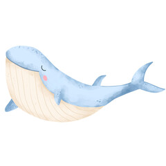 Watercolor cute blue whale illustration