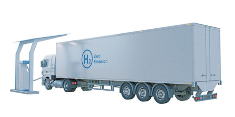 Back view of hydrogen fuel cell truck being refueled at a hydrogen station. Isolated on transparent background. 3D illustration