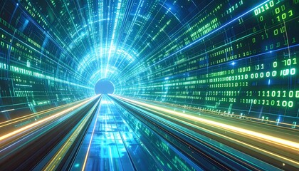 Digital tunnel with binary code and vibrant lights
