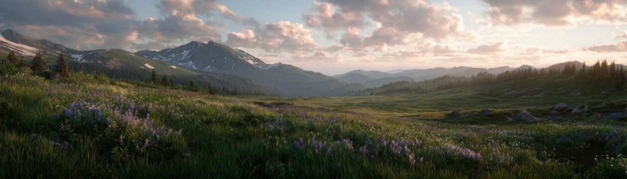 Majestic mountain landscape featuring a wide alpine meadow at sunrise adorned with colorful wildflowers and distant peaks under a clear blue sky