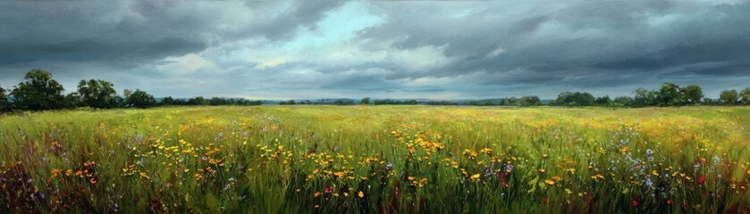 Obraz premium Wide wildflower meadow stretching to the horizon under a dramatic stormy sky with dark clouds creating a striking contrast against the colorful flowers