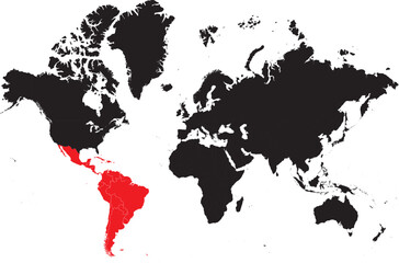 Latin America Highlighted on World Map Silhouette Editable High Detail