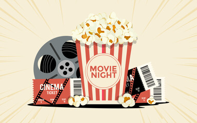 Cinema banner with of movie elements. Movie time. Movie night.Cinema concept poster. Vector stock