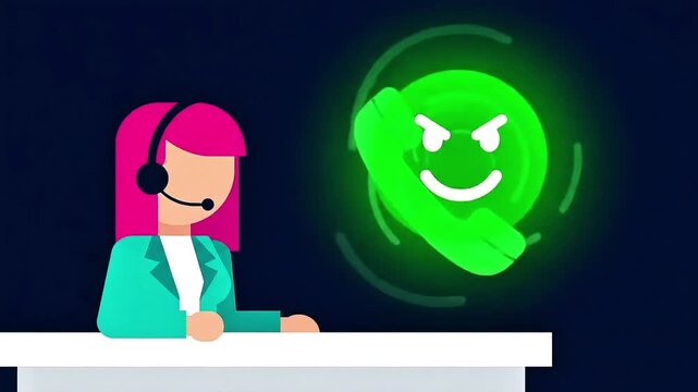 Customer service agent with headset vector style glowing phone with evil face representing scam call