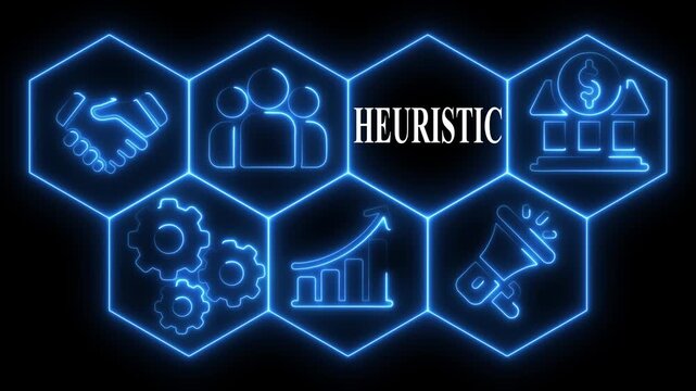 Heuristic concept visualization with glowing neon icons on black background for business concepts