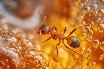 amber trapped ant macro shot